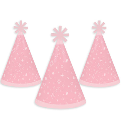 Pink Confetti Stars - Cone Happy Birthday Party Hats for Kids and Adults - Set of 8 (Standard Size)