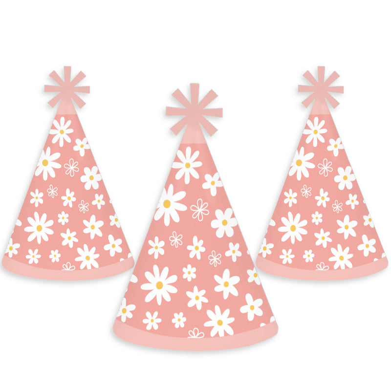Pink Daisy Flowers - Cone Happy Birthday Party Hats for Kids and Adults - Set of 8 (Standard Size)