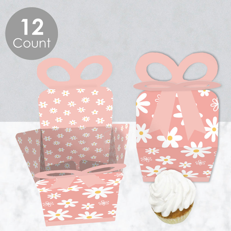 Pink Daisy Flowers - Square Favor Gift Boxes - Floral Party Bow Boxes - Set of 12