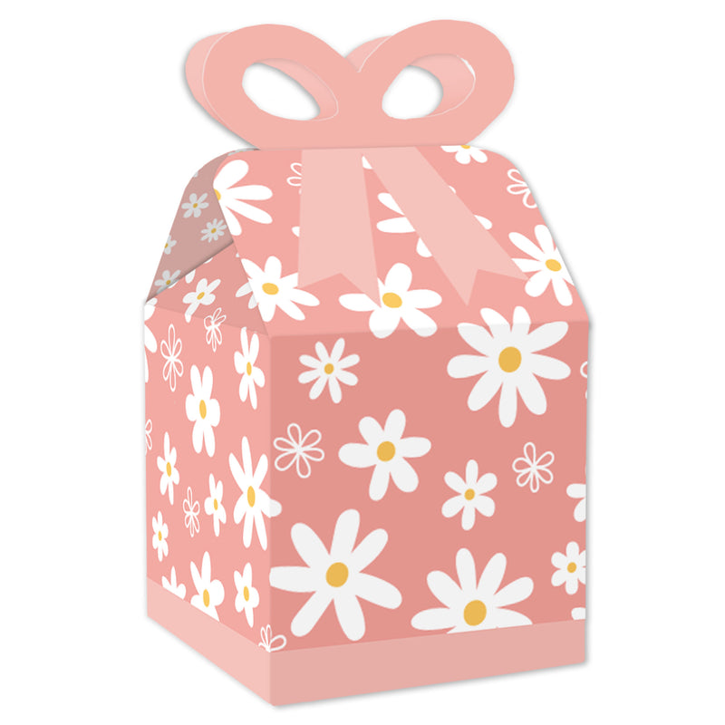 Pink Daisy Flowers - Square Favor Gift Boxes - Floral Party Bow Boxes - Set of 12