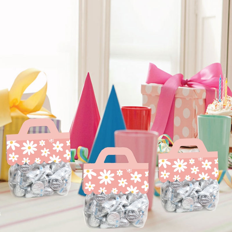 Pink Daisy Flowers - DIY Floral Party Clear Goodie Favor Bag Labels - Candy Bags with Toppers - Set of 24
