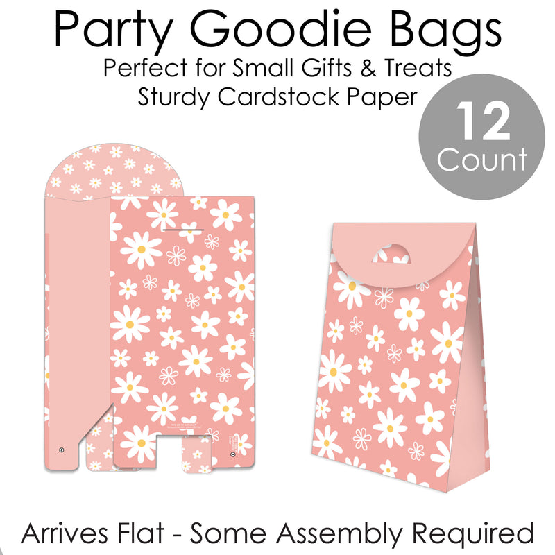 Pink Daisy Flowers - Floral Gift Favor Bags - Party Goodie Boxes - Set of 12