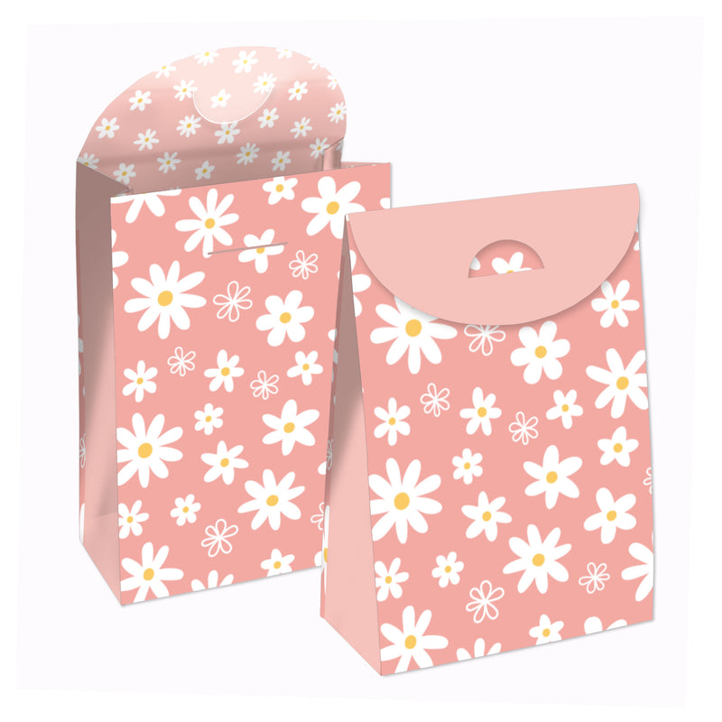 Pink Daisy Flowers - Floral Gift Favor Bags - Party Goodie Boxes - Set of 12