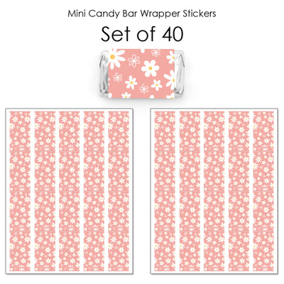 Pink Daisy Flowers - Mini Candy Bar Wrapper Stickers - Floral Party Small Favors - 40 Count