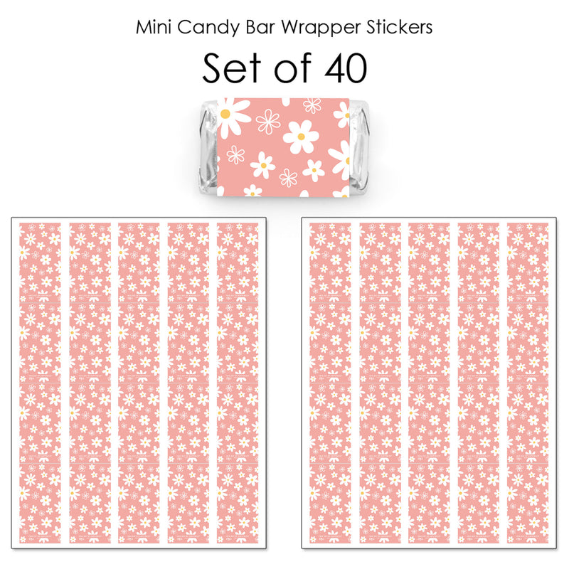 Pink Daisy Flowers - Mini Candy Bar Wrapper Stickers - Floral Party Small Favors - 40 Count