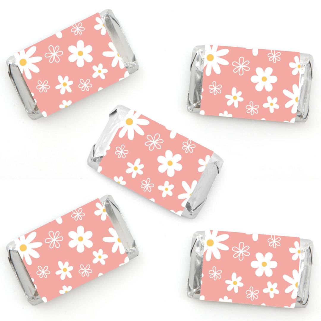 Pink Daisy Flowers - Mini Candy Bar Wrapper Stickers - Floral Party Small Favors - 40 Count