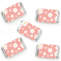 Pink Daisy Flowers - Mini Candy Bar Wrapper Stickers - Floral Party Small Favors - 40 Count