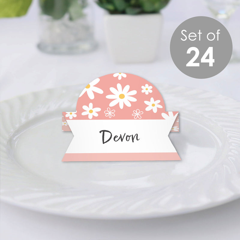 Pink Daisy Flowers - Floral Party Tent Buffet Card - Table Setting Name Place Cards - Set of 24