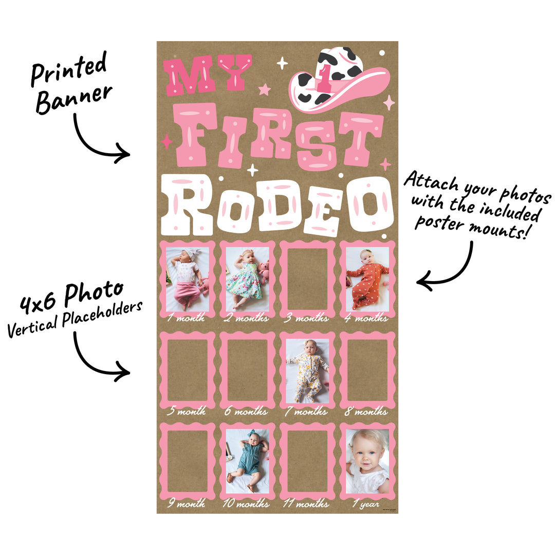 Pink First Rodeo banner with 12 photo slots and mounts included