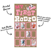 Pink First Rodeo banner with 12 photo slots and mounts included