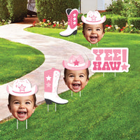 Custom Photo Pink First Rodeo - Fun Face Lawn Decorations - Cowgirl 1st Birthday Party Outdoor Yard Signs - 10 Piece