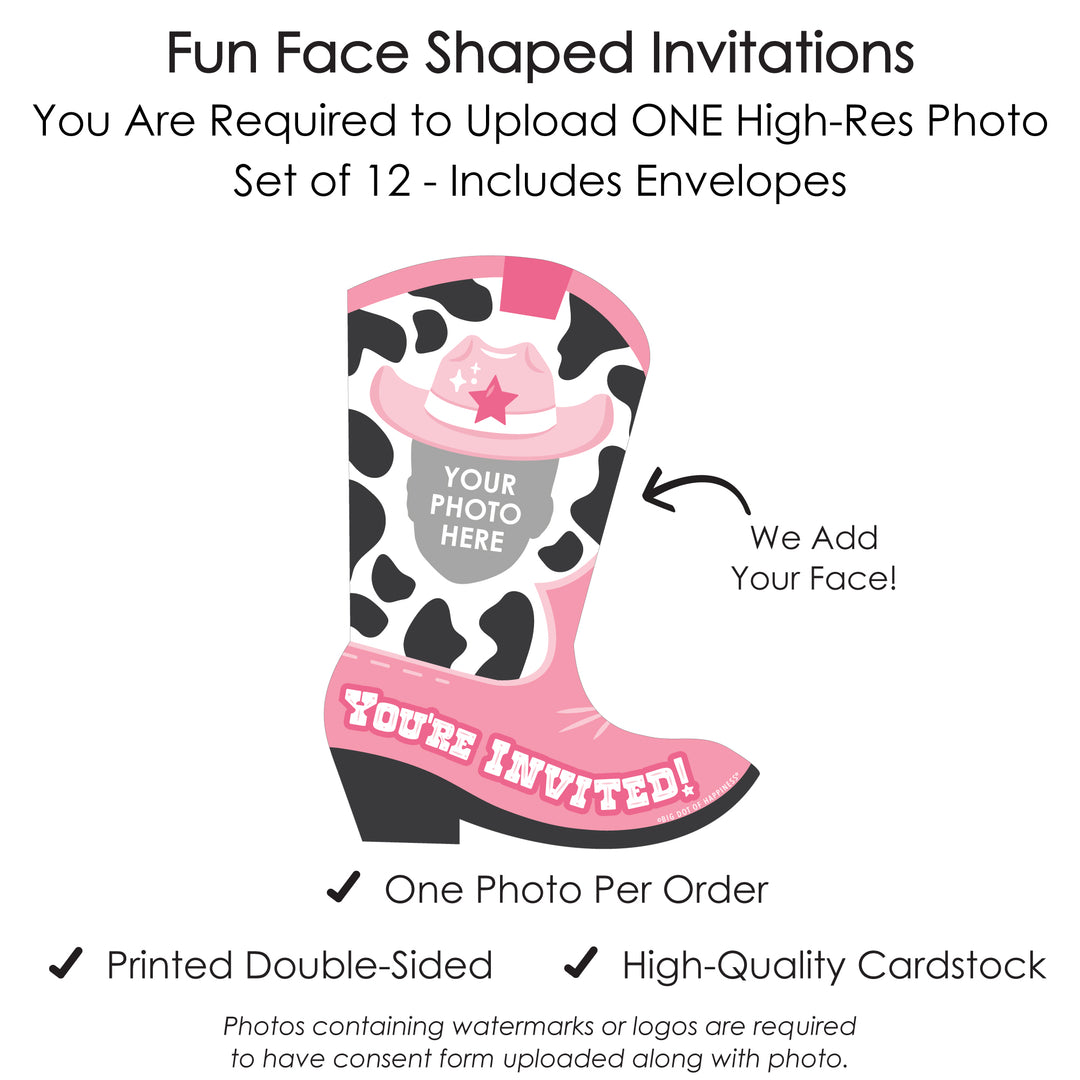 Custom Photo Pink First Rodeo - Cowgirl 1st Birthday Party Fun Face Shaped Fill-In Invitation Cards with Envelopes - Set of 12