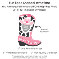Custom Photo Pink First Rodeo - Cowgirl 1st Birthday Party Fun Face Shaped Fill-In Invitation Cards with Envelopes - Set of 12