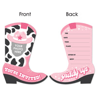 Custom Photo Pink First Rodeo - Cowgirl 1st Birthday Party Fun Face Shaped Fill-In Invitation Cards with Envelopes - Set of 12