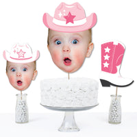 Custom Photo Pink First Rodeo - Cowgirl 1st Birthday Party Centerpiece Sticks - Fun Face Table Toppers - Set of 15