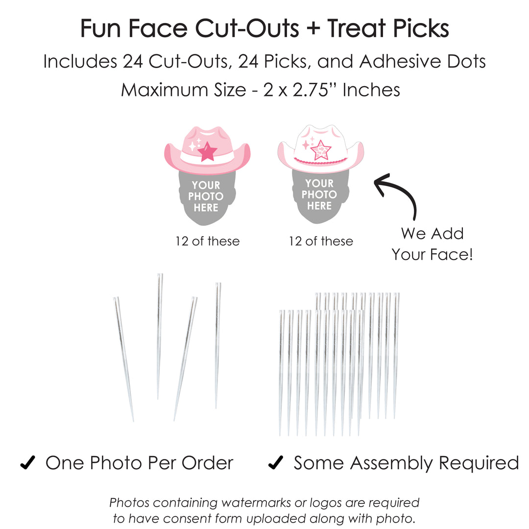 Custom Photo Pink First Rodeo - Cowgirl 1st Birthday Party Dessert Cupcake Toppers - Fun Face Clear Treat Picks - Set of 24