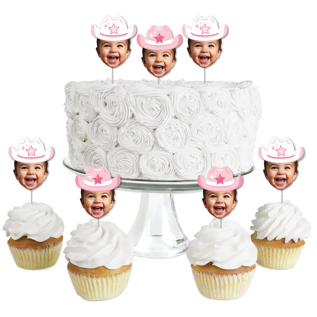 Custom Photo Pink First Rodeo - Cowgirl 1st Birthday Party Dessert Cupcake Toppers - Fun Face Clear Treat Picks - Set of 24
