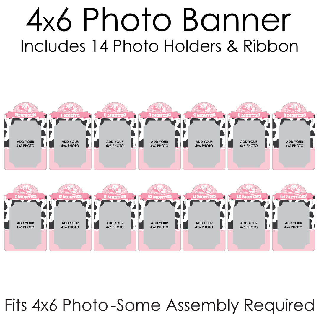 Pink First Rodeo - DIY Cowgirl 1st Birthday Decor - 1-12 Monthly Picture Display - Photo Banner