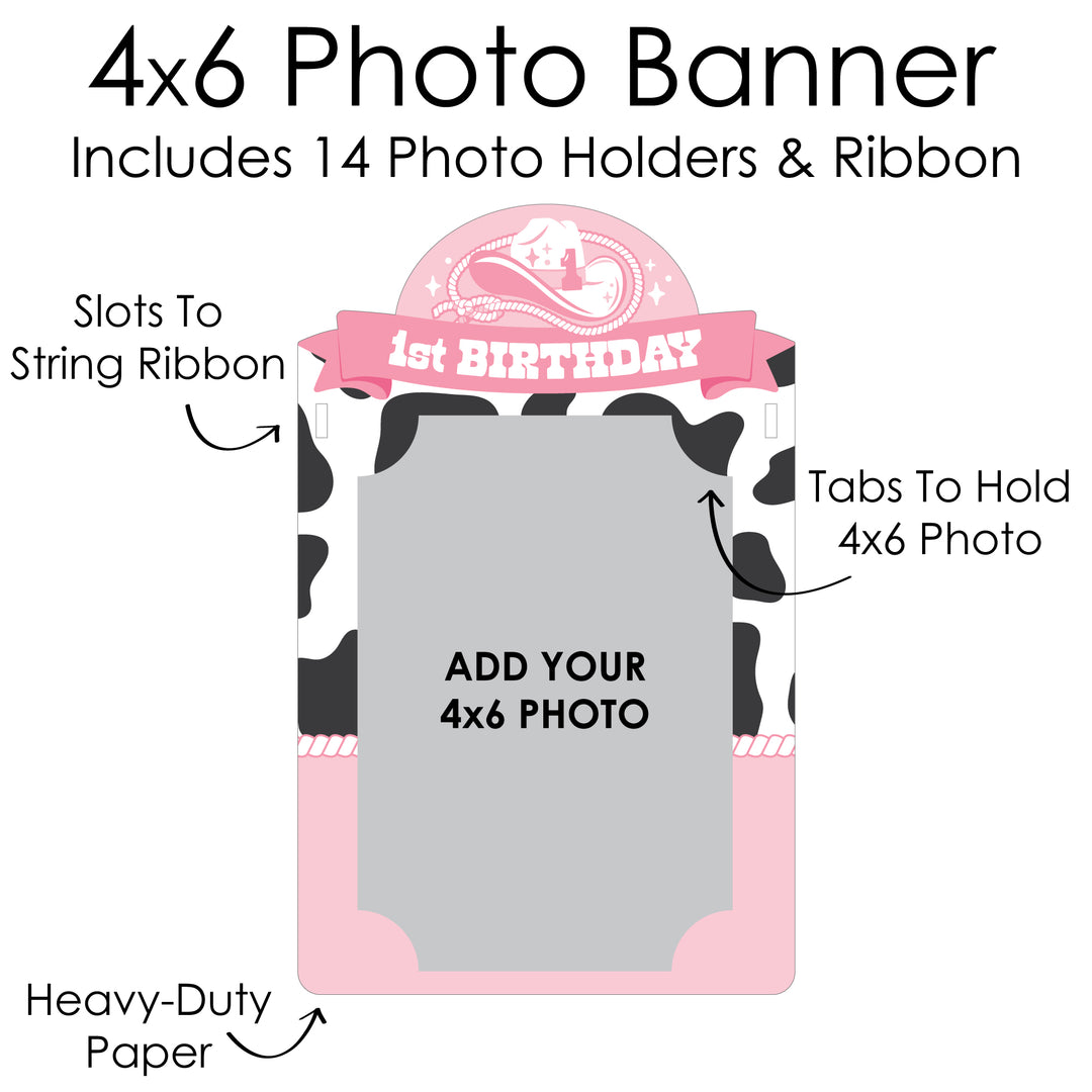 Pink First Rodeo - DIY Cowgirl 1st Birthday Decor - 1-12 Monthly Picture Display - Photo Banner