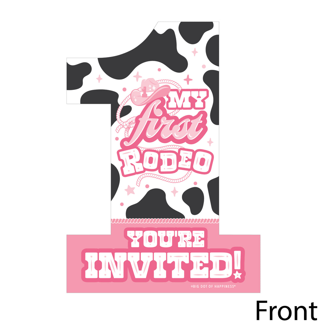 Pink First Rodeo - Shaped Fill-In Invitations - Cowgirl 1st Birthday Party Invitation Cards with Envelopes - Set of 12