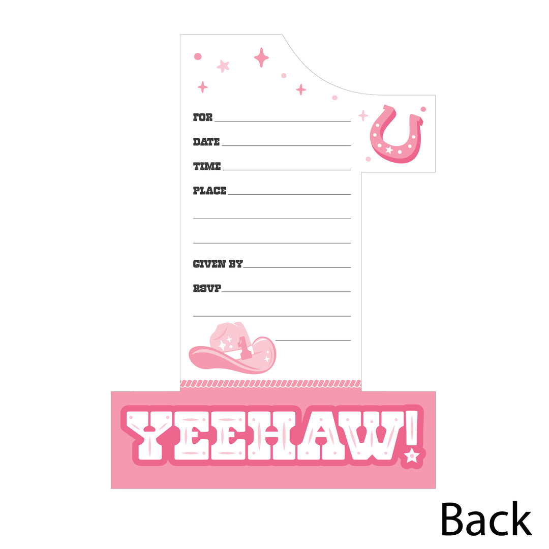 Pink First Rodeo - Shaped Fill-In Invitations - Cowgirl 1st Birthday Party Invitation Cards with Envelopes - Set of 12