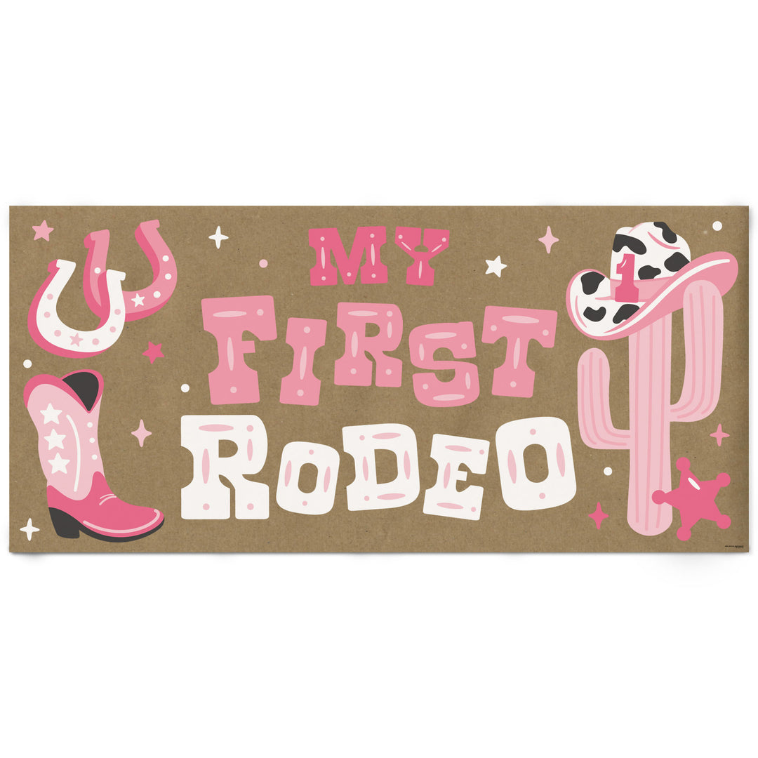 Pink My First Rodeo kraft paper banner first birthday