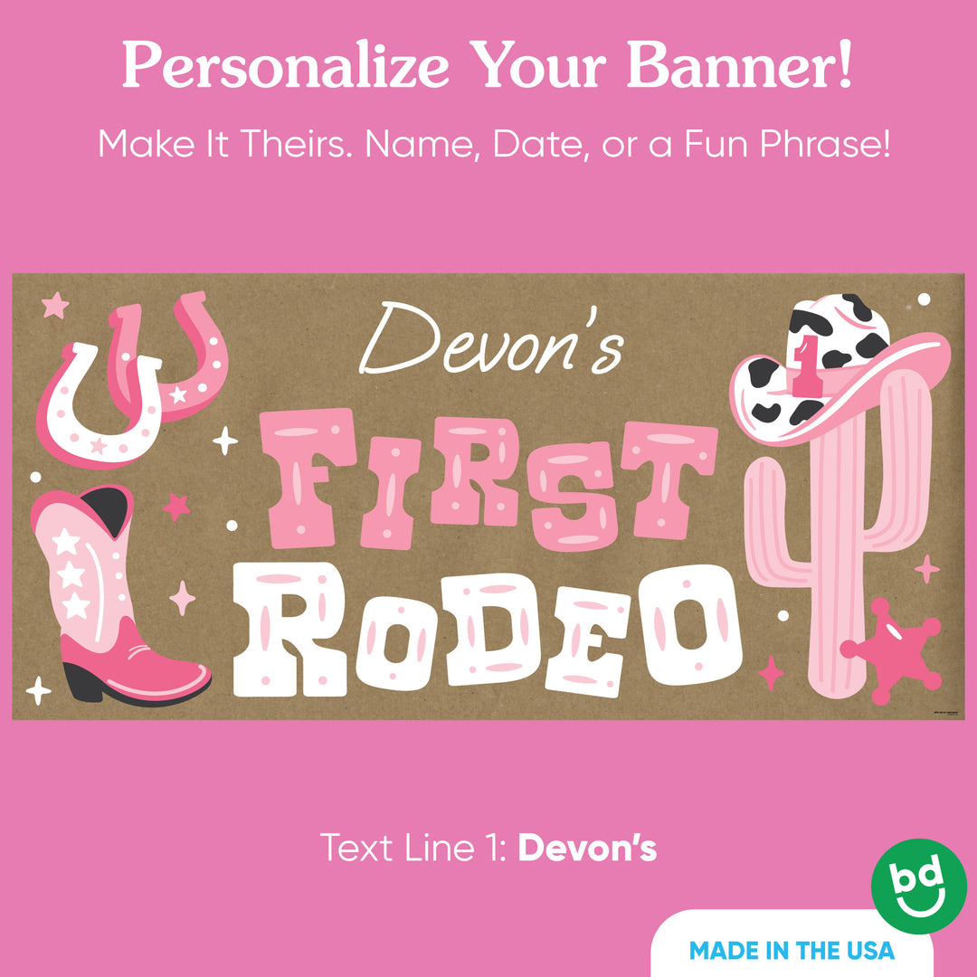 Custom baby name printed on My First Rodeo banner