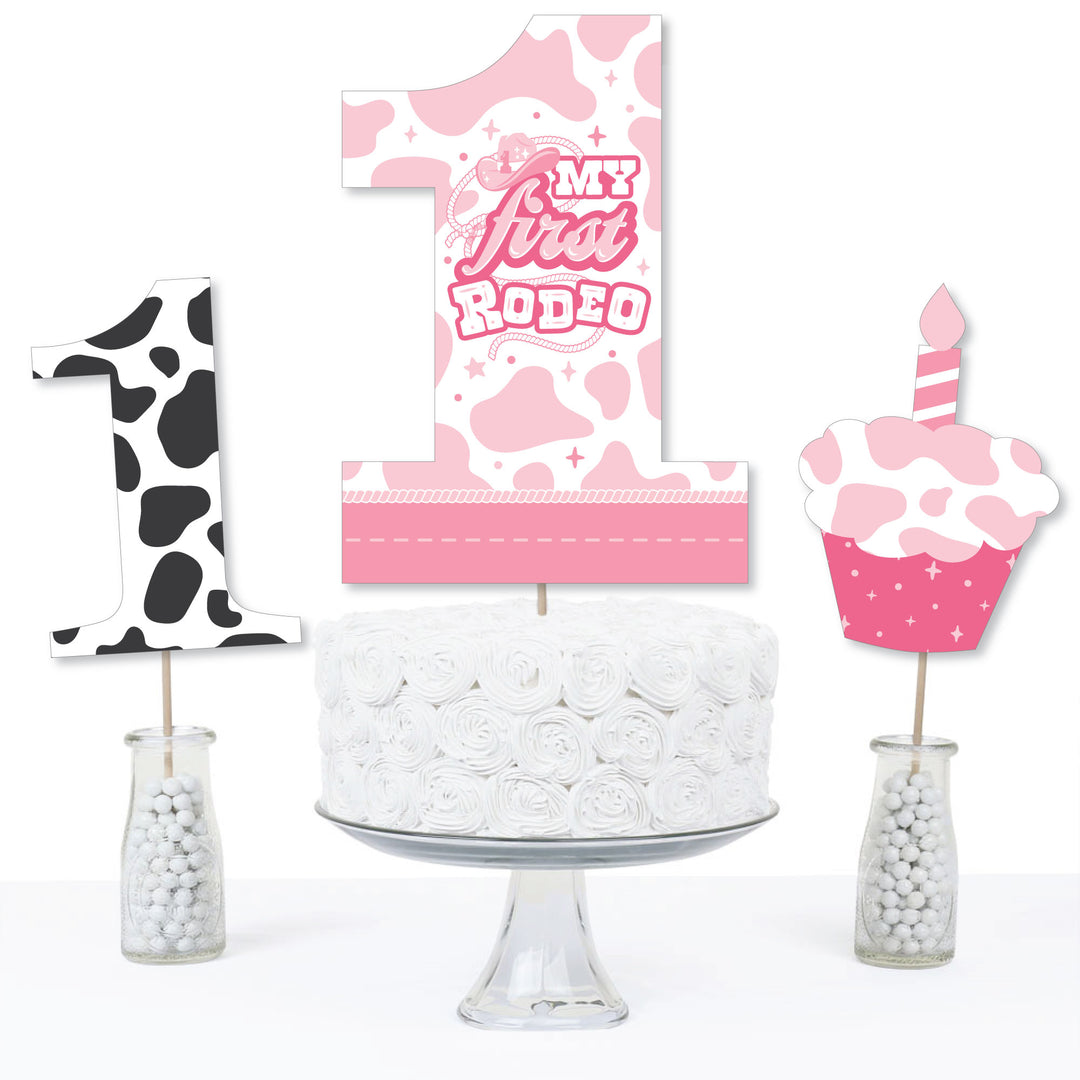 Pink First Rodeo - Cowgirl 1st Birthday Party Centerpiece Sticks - Table Toppers - Set of 15