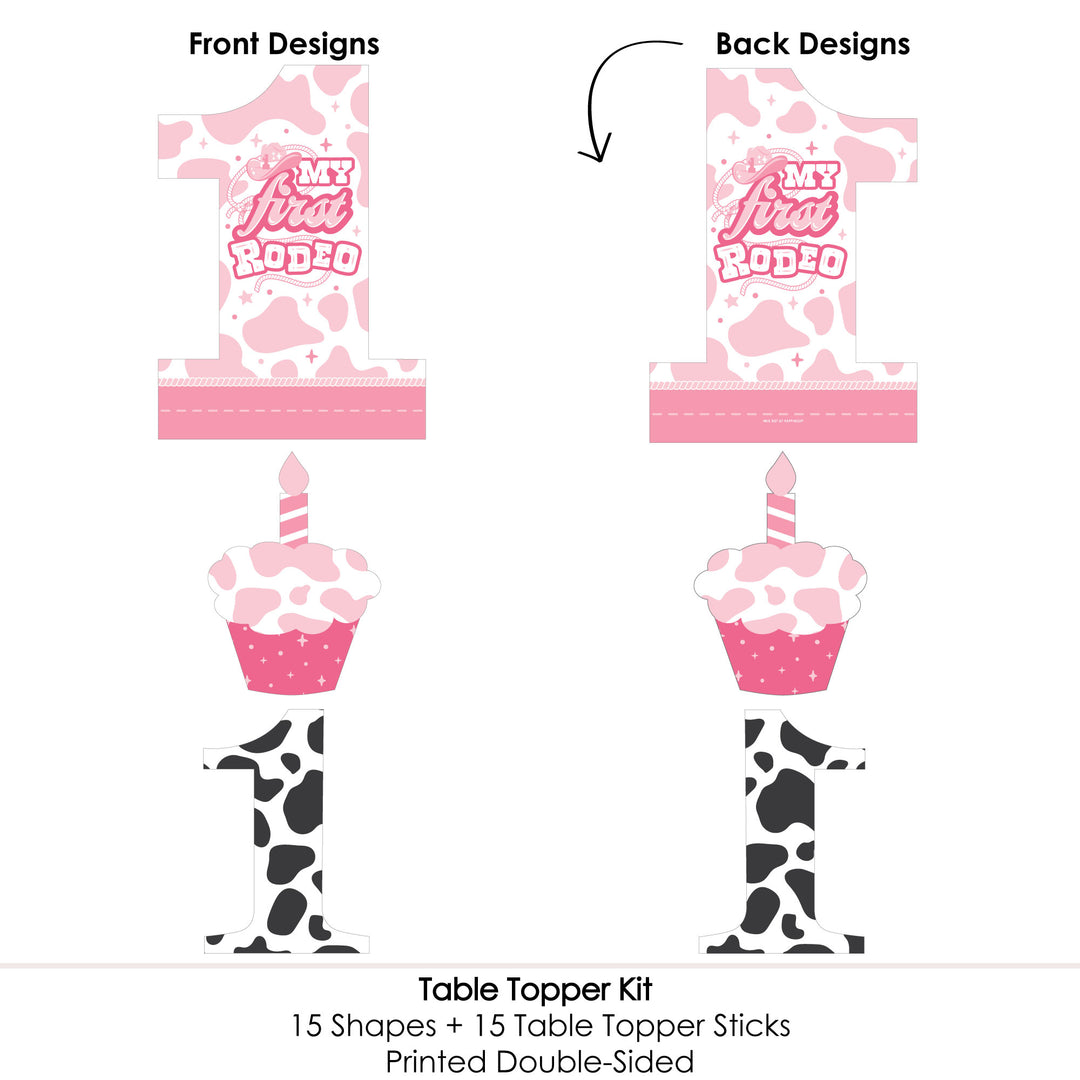 Pink First Rodeo - Cowgirl 1st Birthday Party Centerpiece Sticks - Table Toppers - Set of 15