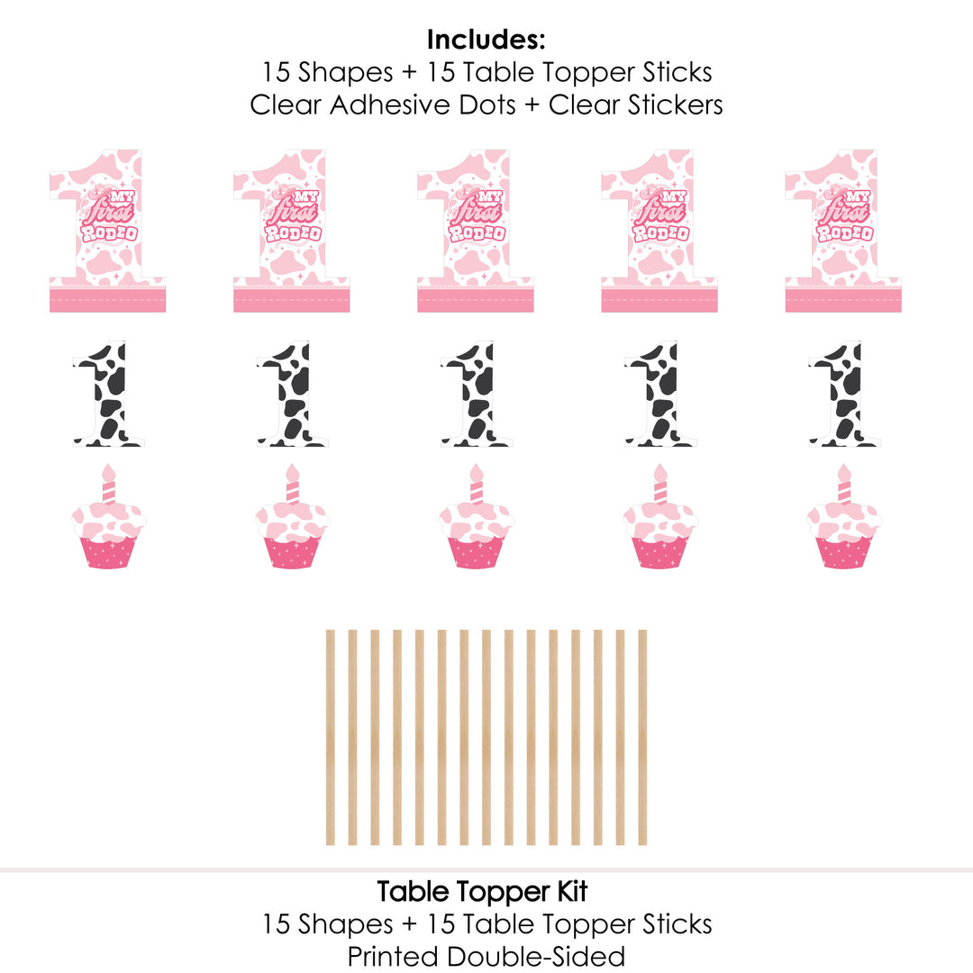 Pink First Rodeo - Cowgirl 1st Birthday Party Centerpiece Sticks - Table Toppers - Set of 15