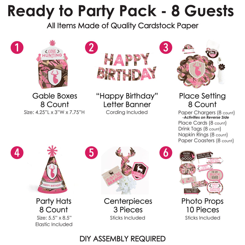 Pink Gone Hunting - Deer Hunting Girl Camo Happy Birthday Party Supplies Kit - Ready to Party Pack - 8 Guests