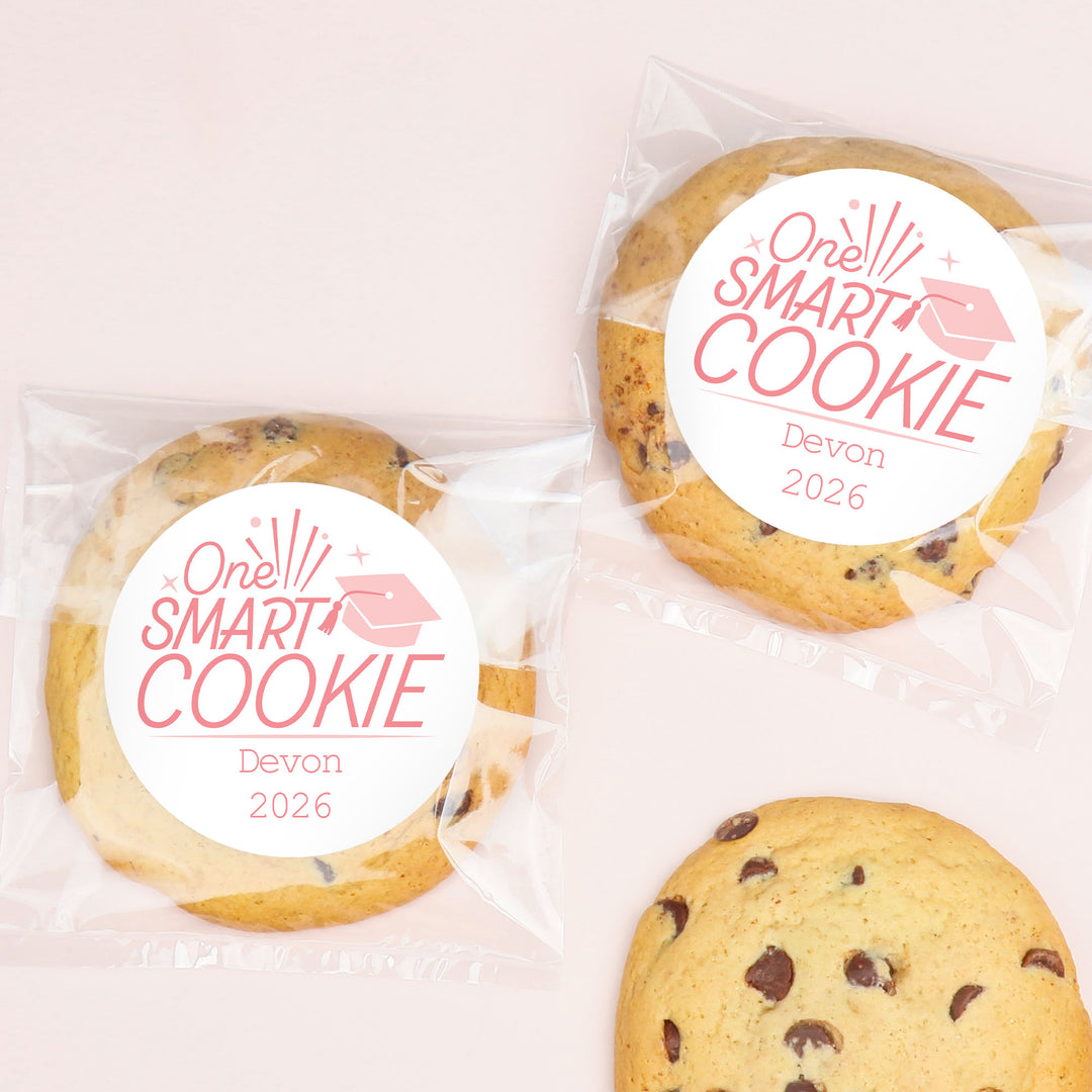 Pink custom name One Smart Cookie sticker close-up