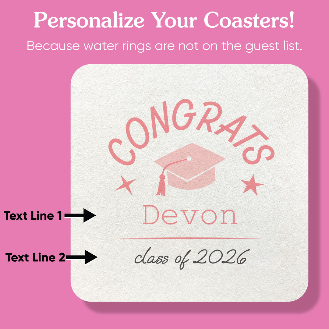 Personalized coaster with 'Congrats Devon class of 2026' text on a pink background