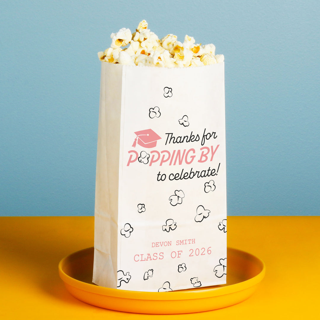 Pink graduation popcorn bag gusseted bottom detail