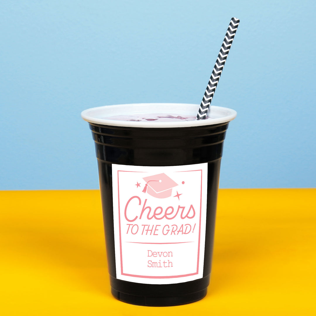 Pink custom name graduation cup sticker close-up