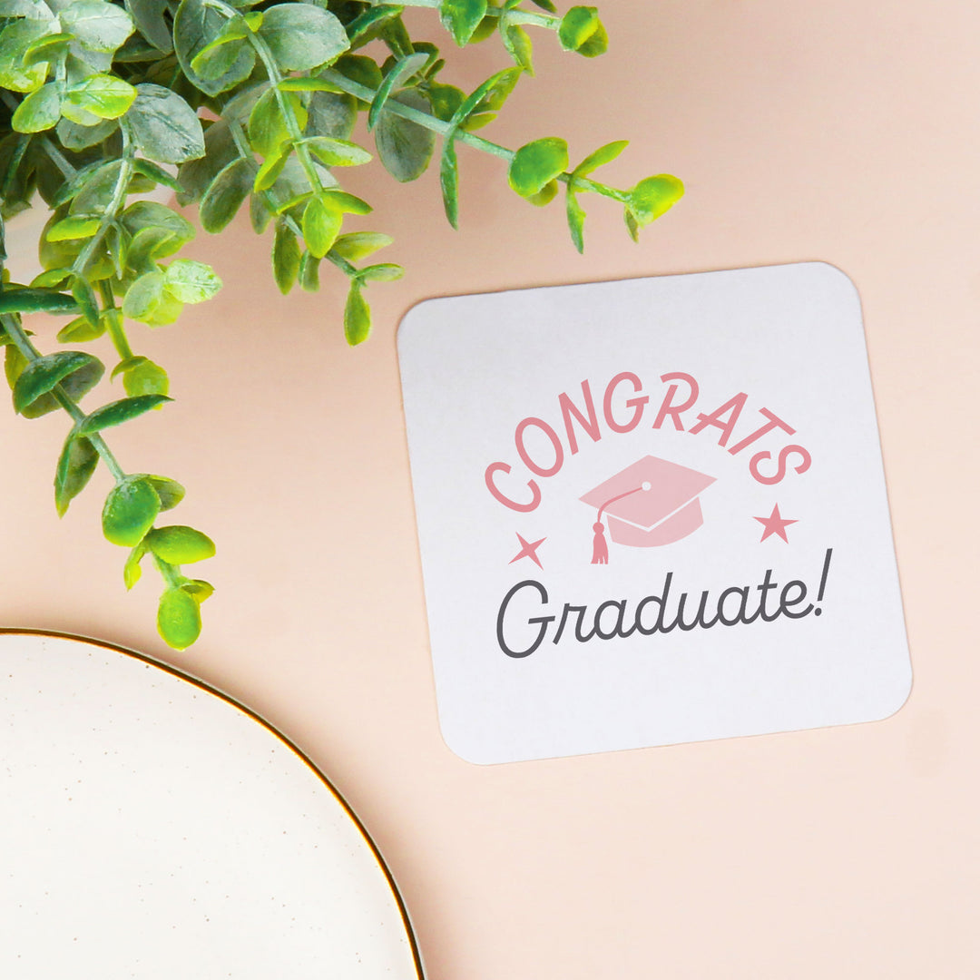 Pink Congrats Graduate coaster front close-up