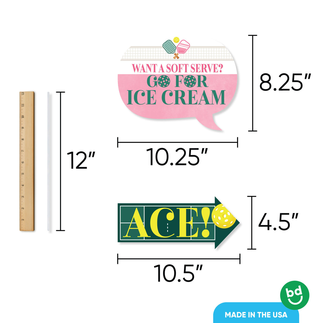 Measurement chart showing dimensions of pink pickleball party props.