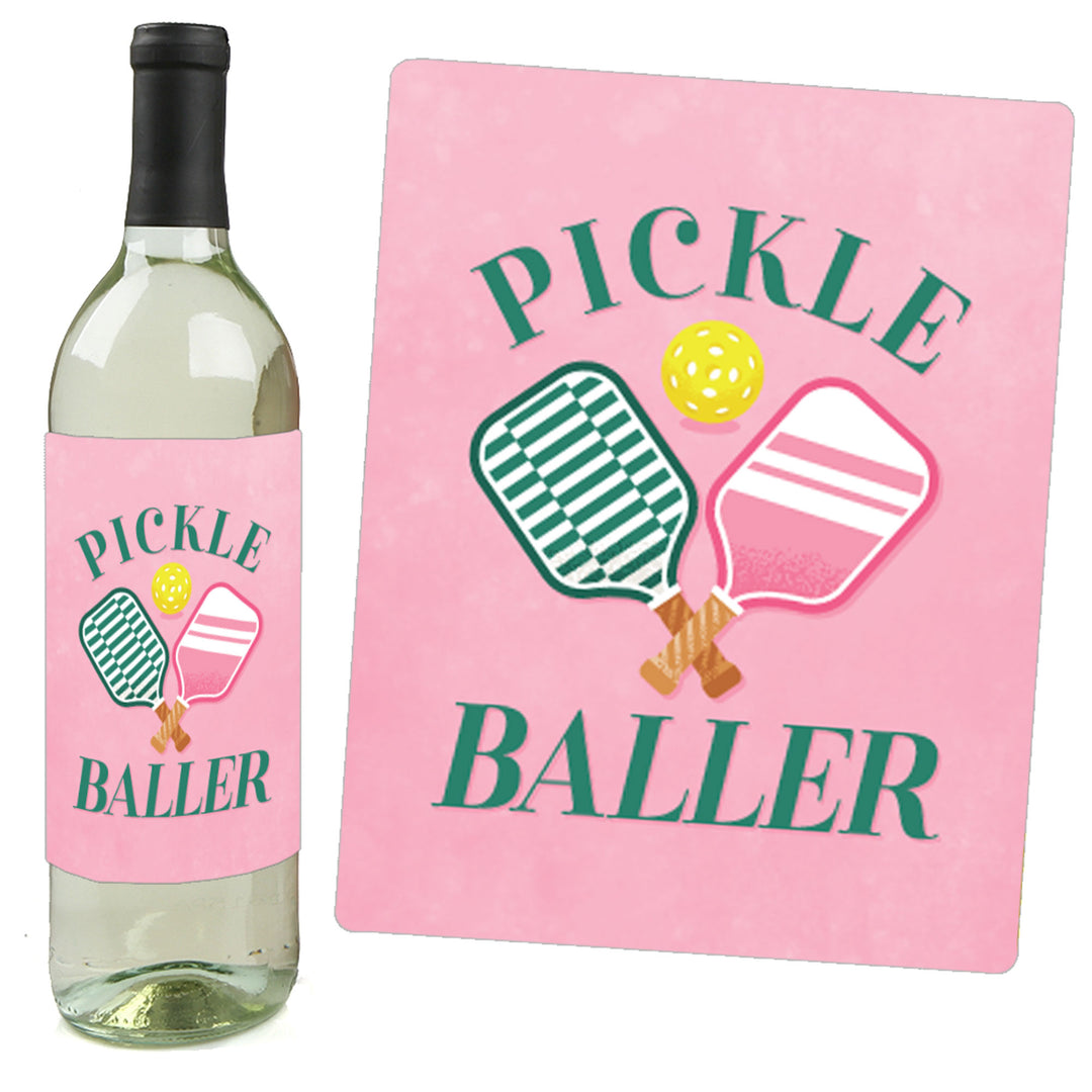 Pink Pickleball - Country Club Party Decorations for Women and Men - Wine Bottle Label Stickers - Set of 4