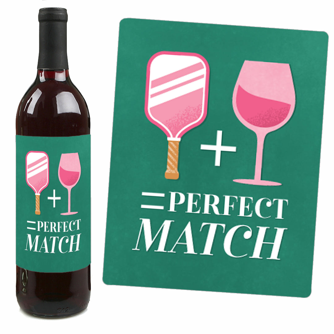Pink Pickleball - Country Club Party Decorations for Women and Men - Wine Bottle Label Stickers - Set of 4