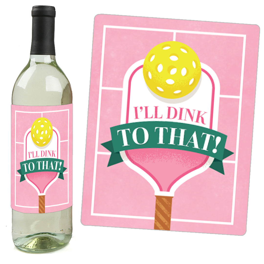 Pink Pickleball - Country Club Party Decorations for Women and Men - Wine Bottle Label Stickers - Set of 4