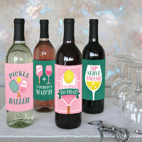 Pink Pickleball - Country Club Party Decorations for Women and Men - Wine Bottle Label Stickers - Set of 4