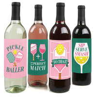 Pink Pickleball - Country Club Party Decorations for Women and Men - Wine Bottle Label Stickers - Set of 4