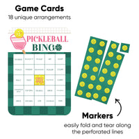 Pickleball-themed game cards with a bingo card and markers on a white background