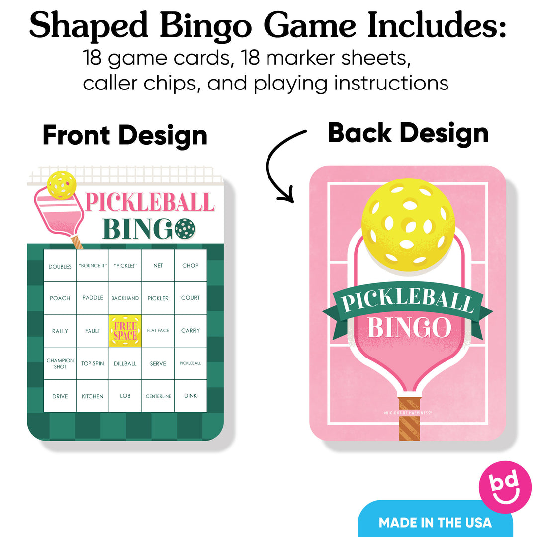 Pickleball-themed bingo game set with front and back designs displayed.