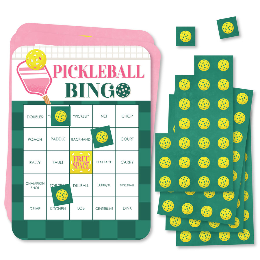Pickleball bingo game set with cards and markers on a white background