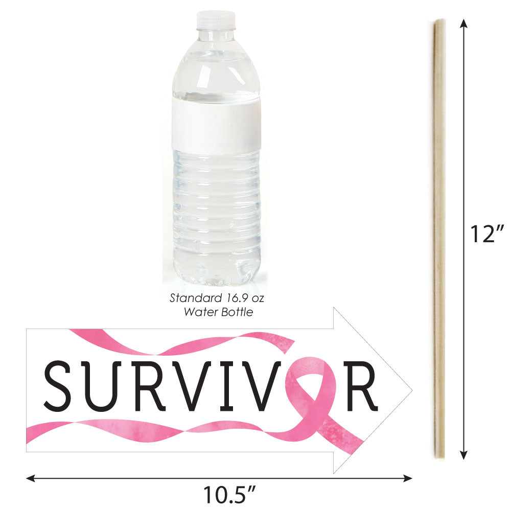 Measurement chart showing a water bottle and a pink ribbon with 'SURVIVOR' text, used for breast cancer awareness.