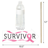 Measurement chart showing a water bottle and a pink ribbon with 'SURVIVOR' text, used for breast cancer awareness.