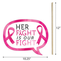 Pink ribbon design with 'Her Fight is Our Fight' text and dimensions on a white background