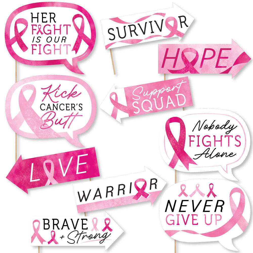 Collection of pink ribbon-themed signs with motivational phrases on a white background