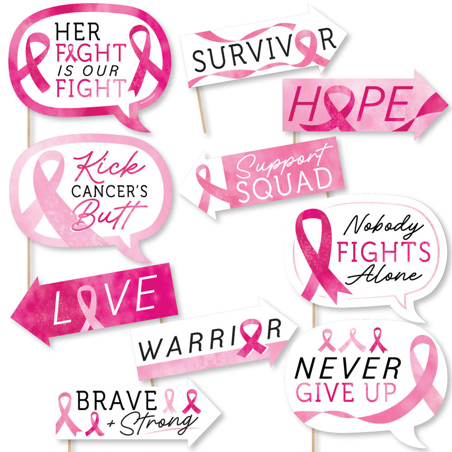 Collection of pink ribbon-themed signs with motivational phrases on a white background